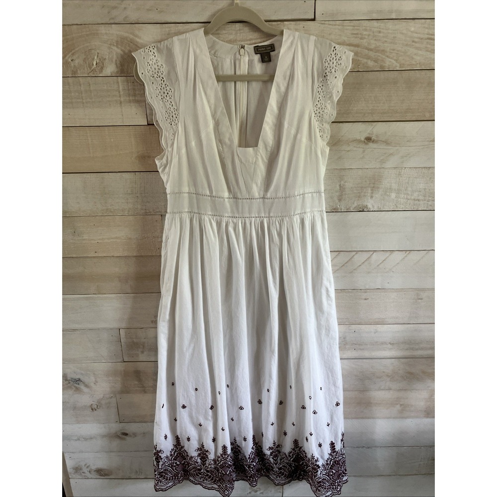 Point Sur Cotton Embroidered Midi Dress Size 8 White Eyelet Flutter Sleeve Lined
